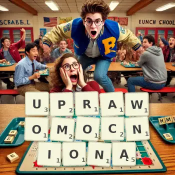 Kreatywna ilustracja do gry w Scrabble ze słowem UPRAWOMOCNIONĄ ułożonym z płytek na planszy.