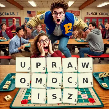 Kreatywna ilustracja do gry w Scrabble ze słowem UPRAWOMOCNISZ ułożonym z płytek na planszy.