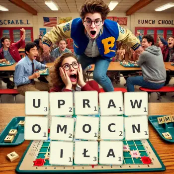 Kreatywna ilustracja do gry w Scrabble ze słowem UPRAWOMOCNIŁA ułożonym z płytek na planszy.