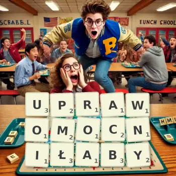 Kreatywna ilustracja do gry w Scrabble ze słowem UPRAWOMOCNIŁABY ułożonym z płytek na planszy.