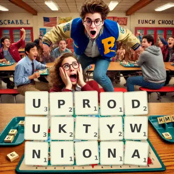 Kreatywna ilustracja do gry w Scrabble ze słowem UPRODUKTYWNIONA ułożonym z płytek na planszy.