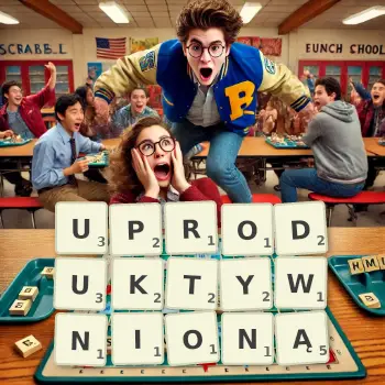 Kreatywna ilustracja do gry w Scrabble ze słowem UPRODUKTYWNIONĄ ułożonym z płytek na planszy.