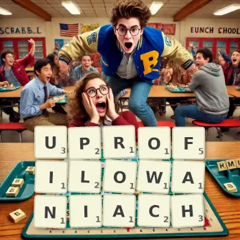 Kreatywna ilustracja do gry w Scrabble ze słowem UPROFILOWANIACH ułożonym z płytek na planszy.