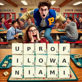 Kreatywna ilustracja do gry w Scrabble ze słowem UPROFILOWANIAMI ułożonym z płytek na planszy.