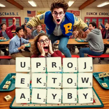 Kreatywna ilustracja do gry w Scrabble ze słowem UPROJEKTOWALYBY ułożonym z płytek na planszy.