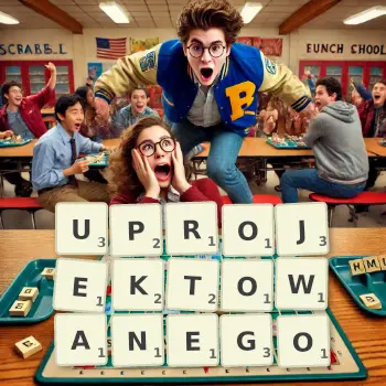 Kreatywna ilustracja do gry w Scrabble ze słowem UPROJEKTOWANEGO ułożonym z płytek na planszy.