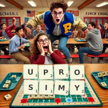 Kreatywna ilustracja do gry w Scrabble ze słowem UPROSIMY ułożonym z płytek na planszy.