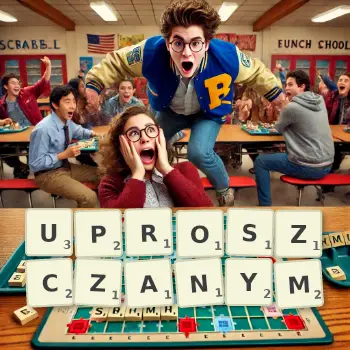 Kreatywna ilustracja do gry w Scrabble ze słowem UPROSZCZANYM ułożonym z płytek na planszy.