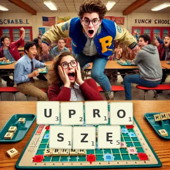 Kreatywna ilustracja do gry w Scrabble ze słowem UPROSZĘ ułożonym z płytek na planszy.