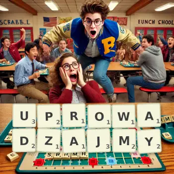 Kreatywna ilustracja do gry w Scrabble ze słowem UPROWADZAJMY ułożonym z płytek na planszy.