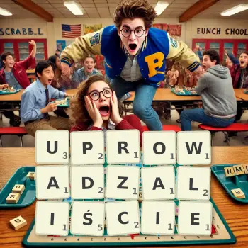 Kreatywna ilustracja do gry w Scrabble ze słowem UPROWADZALIŚCIE ułożonym z płytek na planszy.