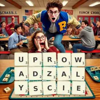 Kreatywna ilustracja do gry w Scrabble ze słowem UPROWADZALYSCIE ułożonym z płytek na planszy.