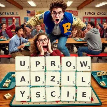 Kreatywna ilustracja do gry w Scrabble ze słowem UPROWADZILYSCIE ułożonym z płytek na planszy.