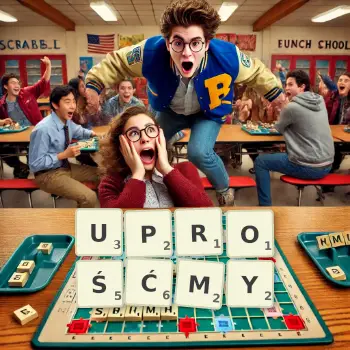 Kreatywna ilustracja do gry w Scrabble ze słowem UPROŚĆMY ułożonym z płytek na planszy.