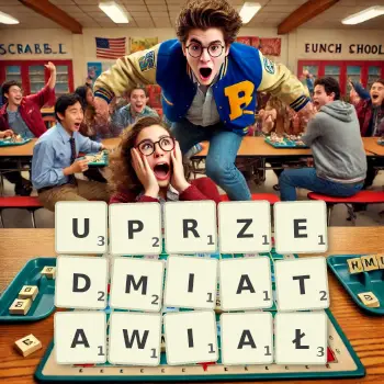 Kreatywna ilustracja do gry w Scrabble ze słowem UPRZEDMIATAWIAŁ ułożonym z płytek na planszy.