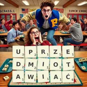 Kreatywna ilustracja do gry w Scrabble ze słowem UPRZEDMIOTAWIAĆ ułożonym z płytek na planszy.