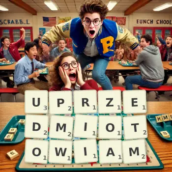 Kreatywna ilustracja do gry w Scrabble ze słowem UPRZEDMIOTOWIAM ułożonym z płytek na planszy.