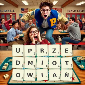 Kreatywna ilustracja do gry w Scrabble ze słowem UPRZEDMIOTOWIAŃ ułożonym z płytek na planszy.