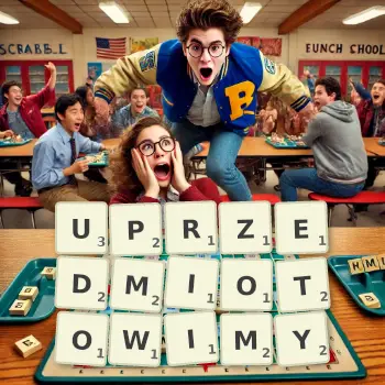 Kreatywna ilustracja do gry w Scrabble ze słowem UPRZEDMIOTOWIMY ułożonym z płytek na planszy.