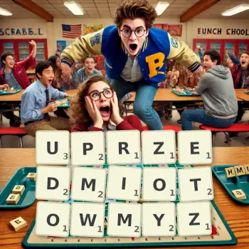 Kreatywna ilustracja do gry w Scrabble ze słowem UPRZEDMIOTOWMYZ ułożonym z płytek na planszy.