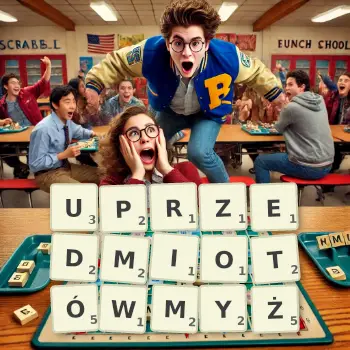 Kreatywna ilustracja do gry w Scrabble ze słowem UPRZEDMIOTÓWMYŻ ułożonym z płytek na planszy.