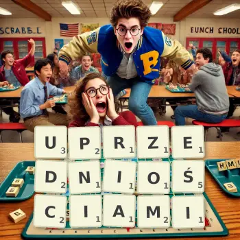 Kreatywna ilustracja do gry w Scrabble ze słowem UPRZEDNIOŚCIAMI ułożonym z płytek na planszy.