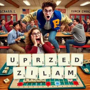 Kreatywna ilustracja do gry w Scrabble ze słowem UPRZEDZILAM ułożonym z płytek na planszy.