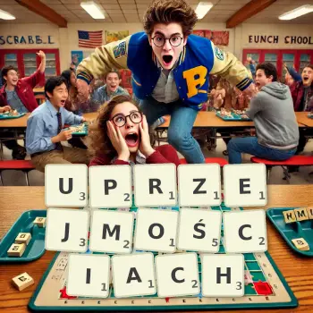 Kreatywna ilustracja do gry w Scrabble ze słowem UPRZEJMOŚCIACH ułożonym z płytek na planszy.