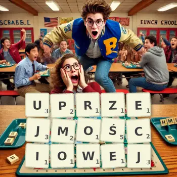 Kreatywna ilustracja do gry w Scrabble ze słowem UPRZEJMOŚCIOWEJ ułożonym z płytek na planszy.