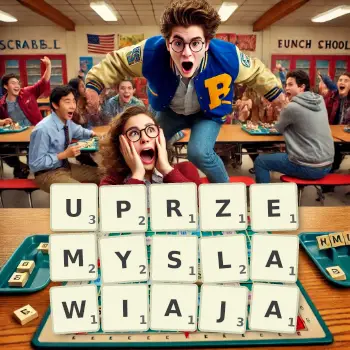 Kreatywna ilustracja do gry w Scrabble ze słowem UPRZEMYSLAWIAJA ułożonym z płytek na planszy.