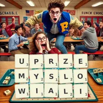 Kreatywna ilustracja do gry w Scrabble ze słowem UPRZEMYSLOWIALI ułożonym z płytek na planszy.