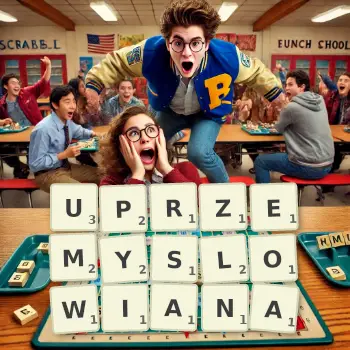 Kreatywna ilustracja do gry w Scrabble ze słowem UPRZEMYSLOWIANA ułożonym z płytek na planszy.