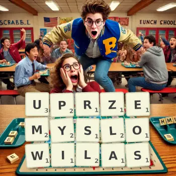 Kreatywna ilustracja do gry w Scrabble ze słowem UPRZEMYSLOWILAS ułożonym z płytek na planszy.