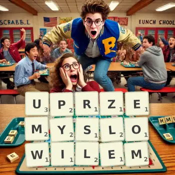 Kreatywna ilustracja do gry w Scrabble ze słowem UPRZEMYSLOWILEM ułożonym z płytek na planszy.