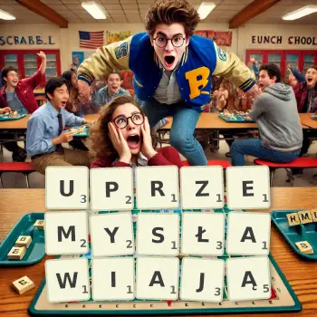 Kreatywna ilustracja do gry w Scrabble ze słowem UPRZEMYSŁAWIAJĄ ułożonym z płytek na planszy.