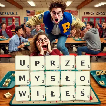 Kreatywna ilustracja do gry w Scrabble ze słowem UPRZEMYSŁOWIŁEŚ ułożonym z płytek na planszy.