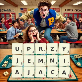 Kreatywna ilustracja do gry w Scrabble ze słowem UPRZYJEMNIAJACA ułożonym z płytek na planszy.