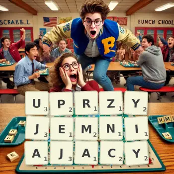 Kreatywna ilustracja do gry w Scrabble ze słowem UPRZYJEMNIAJACY ułożonym z płytek na planszy.