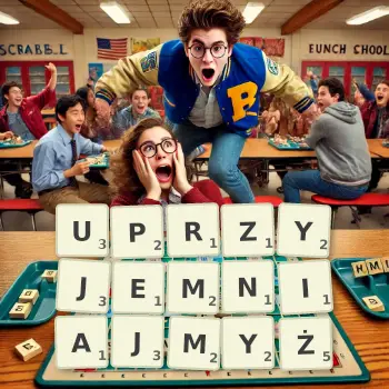 Kreatywna ilustracja do gry w Scrabble ze słowem UPRZYJEMNIAJMYŻ ułożonym z płytek na planszy.