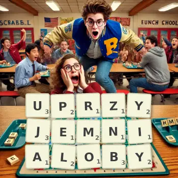 Kreatywna ilustracja do gry w Scrabble ze słowem UPRZYJEMNIALOBY ułożonym z płytek na planszy.