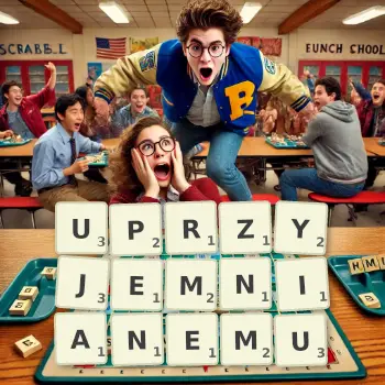 Kreatywna ilustracja do gry w Scrabble ze słowem UPRZYJEMNIANEMU ułożonym z płytek na planszy.