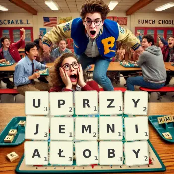 Kreatywna ilustracja do gry w Scrabble ze słowem UPRZYJEMNIAŁOBY ułożonym z płytek na planszy.