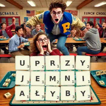 Kreatywna ilustracja do gry w Scrabble ze słowem UPRZYJEMNIAŁYBY ułożonym z płytek na planszy.