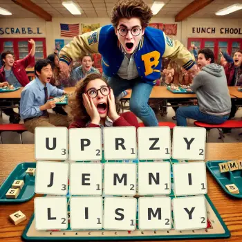 Kreatywna ilustracja do gry w Scrabble ze słowem UPRZYJEMNILISMY ułożonym z płytek na planszy.