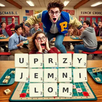 Kreatywna ilustracja do gry w Scrabble ze słowem UPRZYJEMNILOM ułożonym z płytek na planszy.