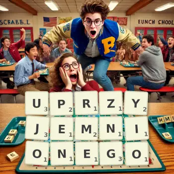 Kreatywna ilustracja do gry w Scrabble ze słowem UPRZYJEMNIONEGO ułożonym z płytek na planszy.