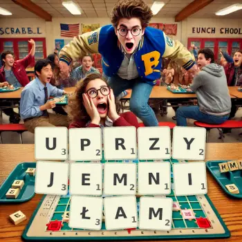 Kreatywna ilustracja do gry w Scrabble ze słowem UPRZYJEMNIŁAM ułożonym z płytek na planszy.