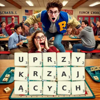 Kreatywna ilustracja do gry w Scrabble ze słowem UPRZYKRZAJĄCYCH ułożonym z płytek na planszy.