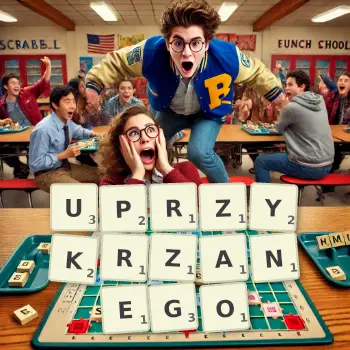 Kreatywna ilustracja do gry w Scrabble ze słowem UPRZYKRZANEGO ułożonym z płytek na planszy.