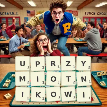 Kreatywna ilustracja do gry w Scrabble ze słowem UPRZYMIOTNIKOWI ułożonym z płytek na planszy.